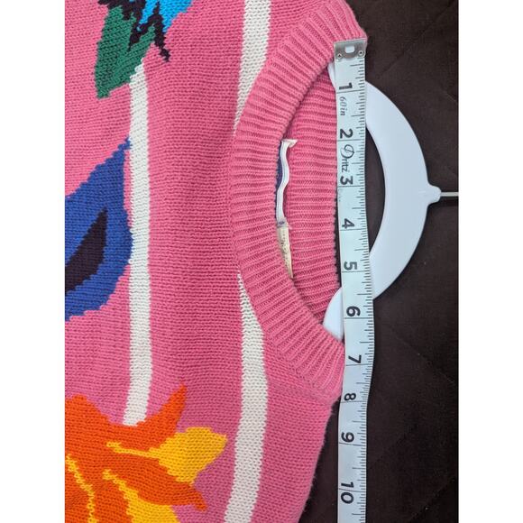 VINTAGE 1980s Short sleeve pink & white striped sweater w/floral graphic knit S - Picture 6 of 8